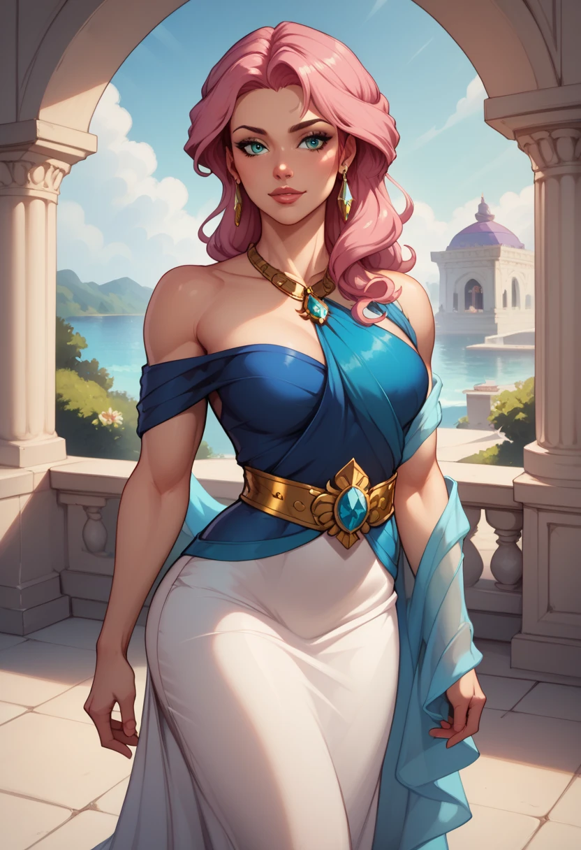 Illustrator, anime , Realistic ,sketch , 1 person, model, Age 25, lip, Sexy and revealing Roman Goddess Costume, order, Blue and pink gradient background, Neon Hair, Big Breasts, Her cleavage is visible, look back, whole body, Sexy look, Texture Trim, Russia, (masterpiece,Highest quality)