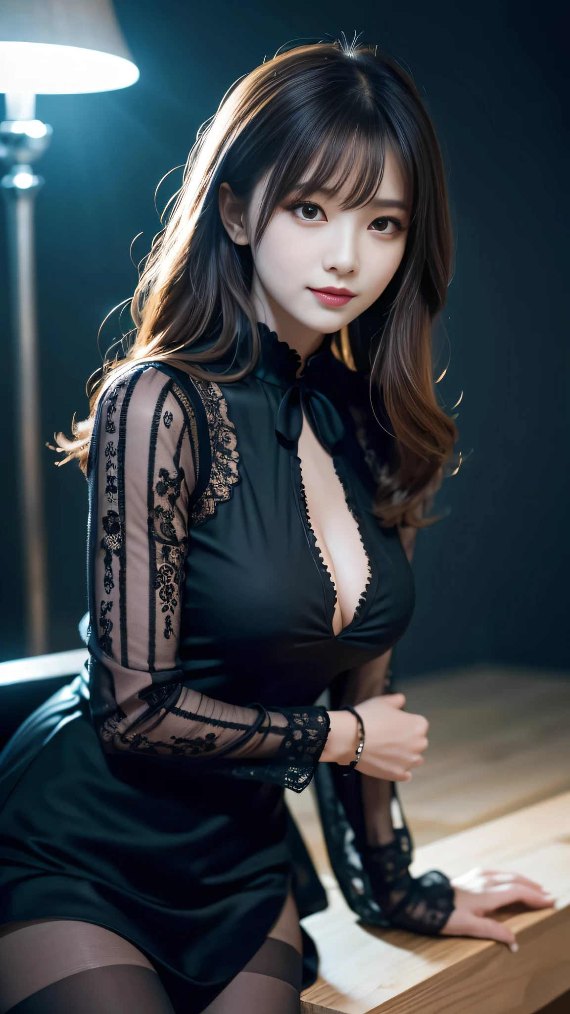 Super detailed、Japanese、charming beauty、seductive adult woman、Dainty woman、sharp eyes、cool girl、wavy hair、suit、Black chiffon、lacy fabric、wide sleeve、wearing a lace insert dress、white blouse、flare skirt、flower pantyhose、Shiny legs、evilの幹部、evil depravity、brainwashing、Mind control、lipstick、grin、邪evilなな表情、evil、empty eyes、邪evilな、one girl in a dark factory、Are standing
