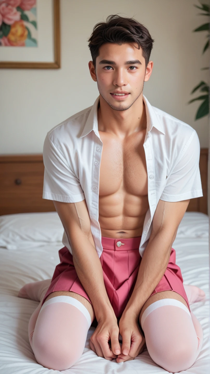 A feminine cheap trashy street gay male prostitute at a classy high end expensive hotel (how did this whore get in?) He wears a small, sexy, shinny pink men's thong which has only thin pink strings to hold it around his waist. BIG BULGE. WEARS PINK HIGHTOP BASKETBALL SHOES.