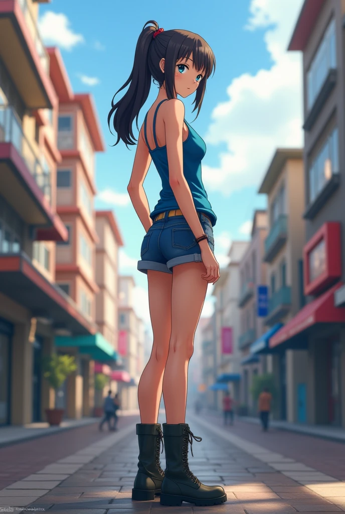 *A girl (small), small breasts, small ass, belly button, low-cut denim shorts, high-heeled sandals, top lass, erect nipples, long hair tied in twintail, outdoors, street, city, sexy pose, black hair , blue eyes, delicate, naughty, exhibitionist, nsfw,
