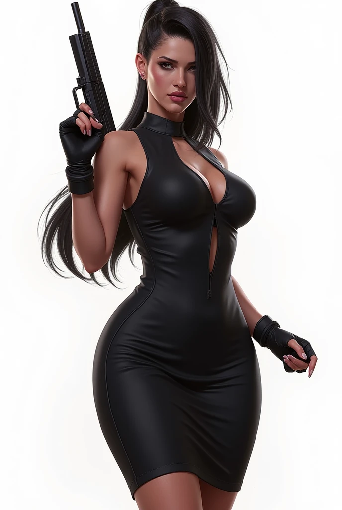 Female secret agent in (luxurious long dress:1.3), (shooting pistol:1.2) , (thigh pistol holster:1.2) attached to thigh, accessories, necklace, earrings, rings, bangles, muscular, in the dance hall, gigantic breasts