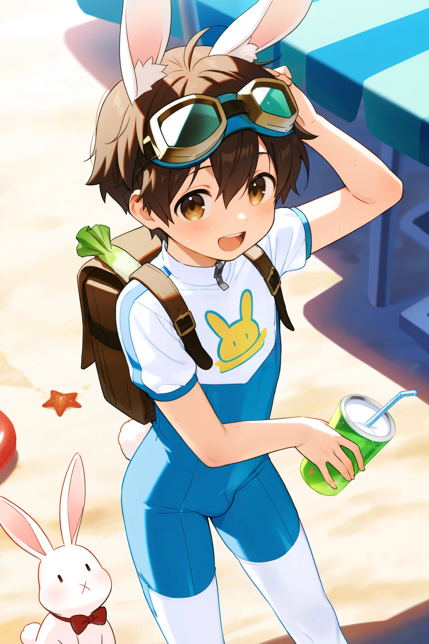 a boy, short hair,boy in a bodysuit,Standing,cute,A with brown hair in white stockings,Goggles,looped rabbit ears, masterpiece, best quality ,male focus, Shota,enjoy,summer,Short sleeve,happy