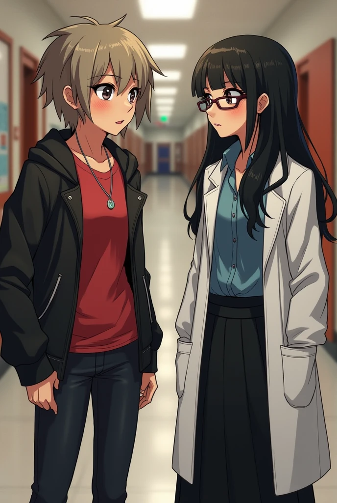 Tokyo Revengers screenshot. 16 year old girl, long straight black hair with red and White highlights and bangs. She has red eyes and has a serious expression, while she held a book in her hand. She is dressed in a black trench coat with urban details, underneath she has a loose white t-shirt and baggy jeans, and she is wearing headphones. She is standing in an alley at night. Tokyo Revengers drawing style.