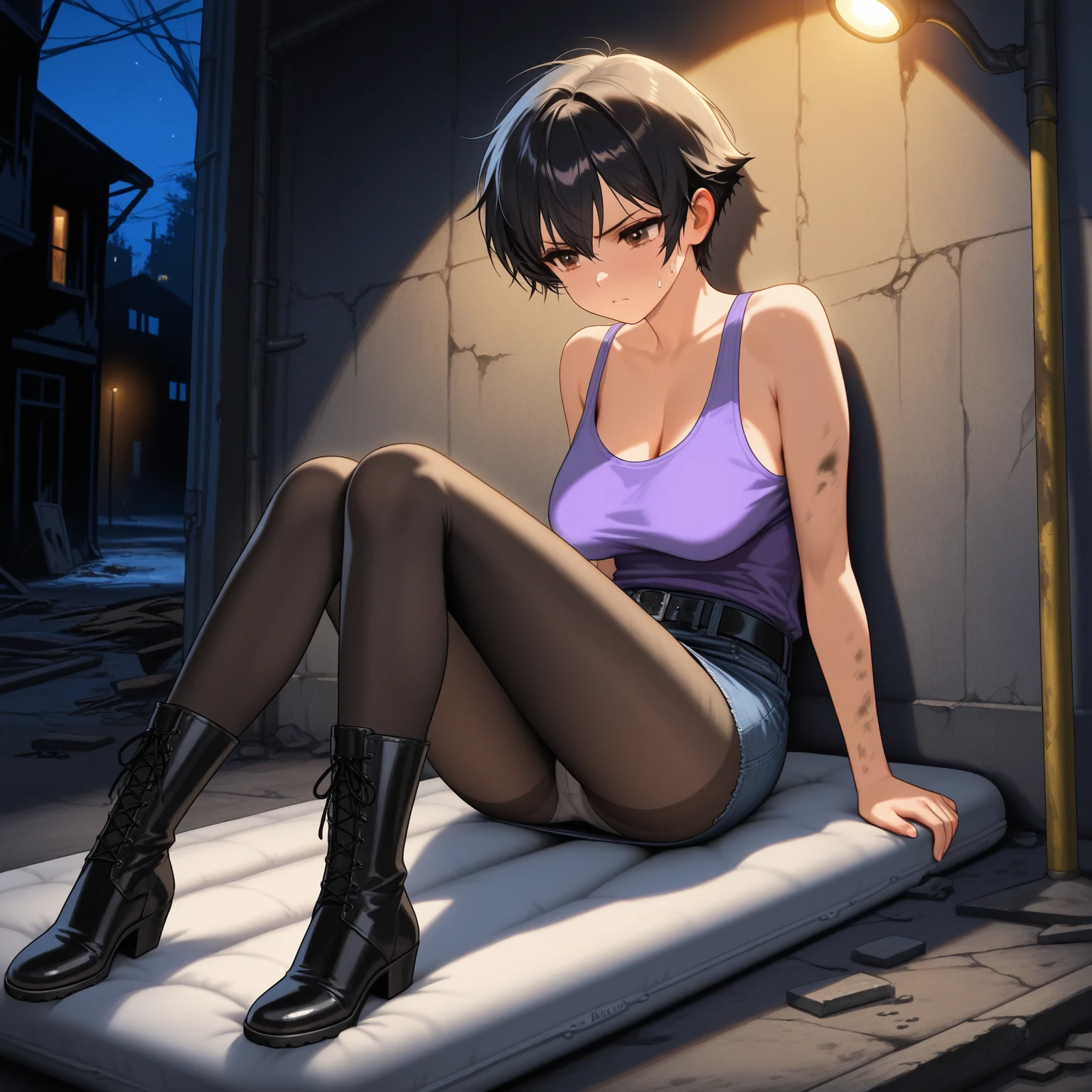 videos (gorillaz), masterpiece, Best Quality, hair between the eyes, purple hair, choker, belt, blush, looking at the viewer, hits, fishnet stockings, Black and white striped shirt, taking off his shirt, Alone, For the blue, make up, short hair, portrait, black eyes, small breasts, sexual expression, seductive smile, hair that covers the eyes, 5 fingers, hands on breasts, sitting on knees, breast tease, Detailed music studio background, denim shorts, detailed belly, pink eye shadow, SFW, Waders,, low cut, flirtatious