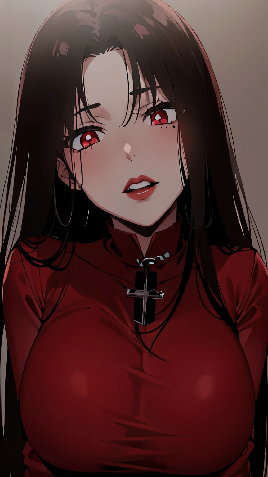 masterpiece:1.2, 1women, sfw, (Romanian girl), (30 years), (Best quality), (real picture, complex parts, depth of field), very detailed, perfect face, (deep red glowing eyes), (dark red lips, pale skin), attractive waist, high, tight belly, (long black straight hair:1.2), (bangs curtain), sexual, (lurge breasts:1.2), hanging breasts ((woman in a dark red shirt)), (front view), dark atmosphere, gothic style, black chain with a black cross, gothic style, (mole in the lower corner of the lips),