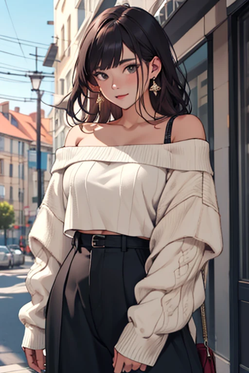 8K、Very detailed、Wear an off-the-shoulder beige cropped sweater、Wear a white box pleated skirt、Wear white short boots、Stroking the cat、terrace、woman、Medium chest