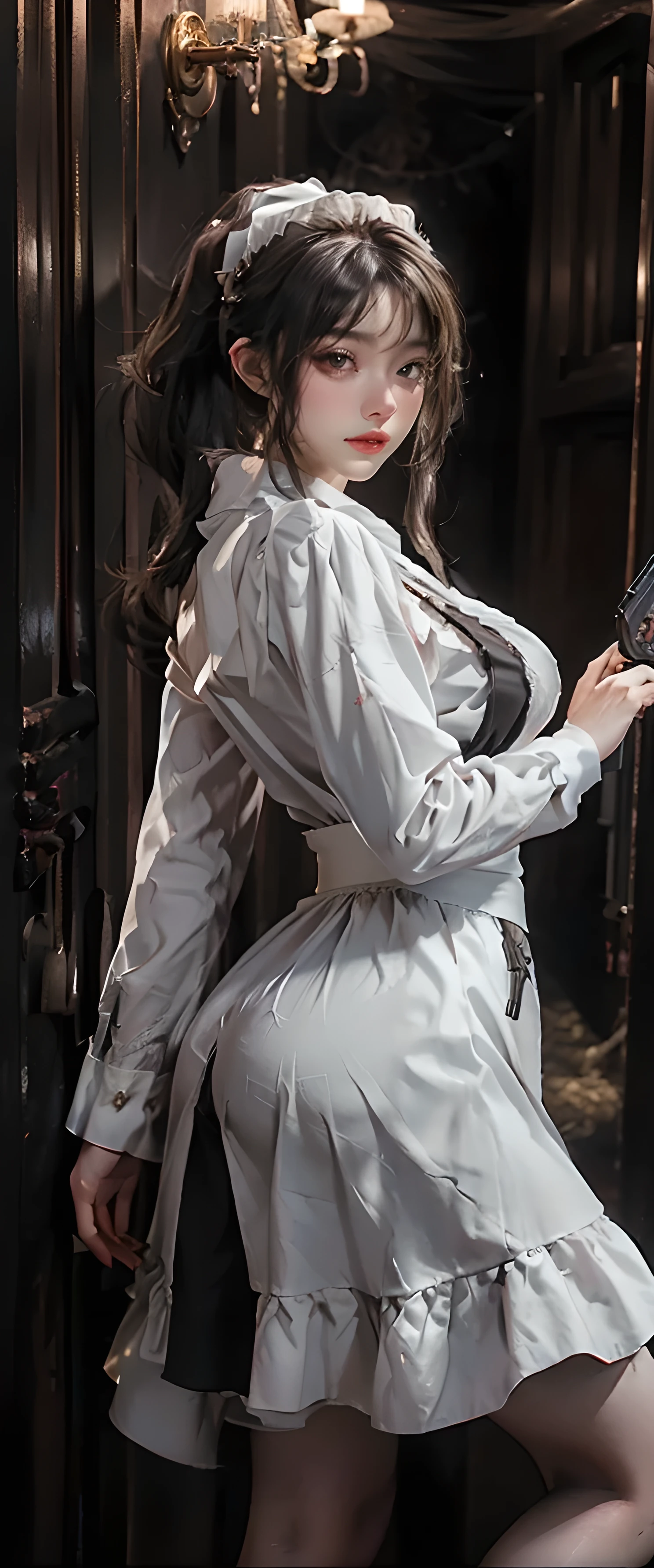 ((Best quality)), ((masterpiece)), (detailed:1.4), 3D, an image of a beautiful cyberpunk black female with braids on head,HDR (High Dynamic Range),Ray Tracing,NVIDIA RTX,Super-Resolution,Unreal 5,Subsurface scattering,PBR Texturing,Post-processing,Anisotropic Filtering,Depth-of-field,Maximum clarity and sharpness,Multi-layered textures,Albedo and Specular maps,Surface shading,Accurate simulation of light-material interaction,Perfect proportions,Octane Render,Two-tone lighting,Wide aperture,Low ISO,White balance,Rule of thirds,8K RAW, anime - style woman in a white and black outfit with a gun, cyborg merchant girl,