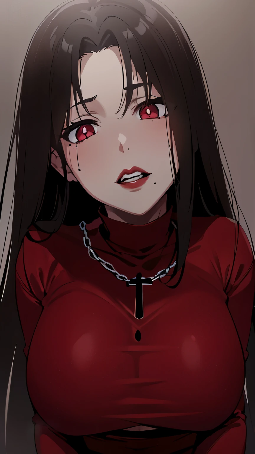 masterpiece:1.2, 1women, sfw, (Romanian girl), (30 years), (Best quality), (real picture, complex parts, depth of field), very detailed, perfect face, (deep red glowing eyes), (dark red lips, pale skin), attractive waist, high, tight belly, (long black straight hair:1.2), (bangs curtain), sexual, (lurge breasts:1.2), hanging breasts ((woman in a dark red shirt)), (front view), dark atmosphere, gothic style, black chain with a black cross, gothic style, (mole in the lower corner of the lips),