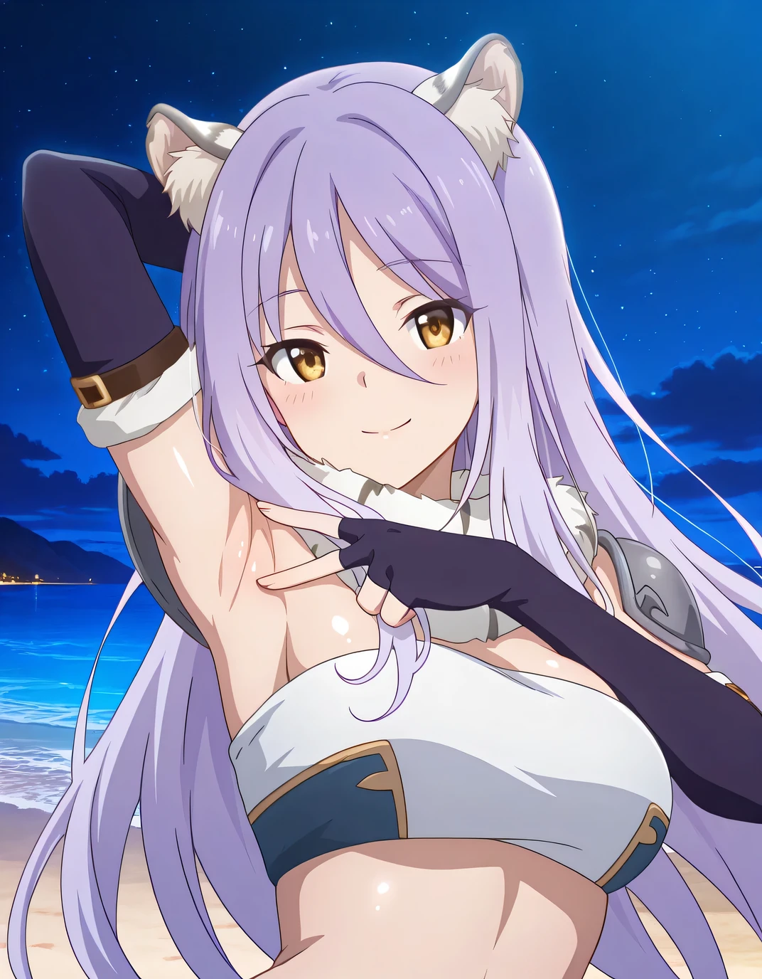 shiori, game screencap, long hair, hair between eyes, multicolored hair, purple hair, light purple hair, yellow eyes, tiger ears,
scarf, tube top, single shoulder pad, fur trim, elbow gloves, fingerless gloves, shiny skin, high quality, solo, upper body, (contrapposto), v, spread armpit, presenting armpit, hand behind head, closed mouth, night sky, beach, looking at viewer, smile, best quality