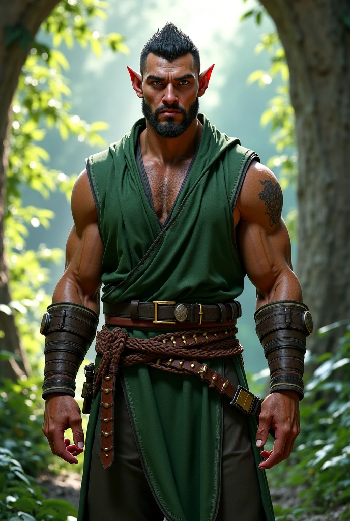 An illustrated movie poster, hand-drawn, full color, a jedi man, 25 years-old, wearing a jedi tunic and patched trousers, resembles a young Lou Ferrigno, sun-tanned skin, round face, average height, broad shoulders, soft belly, deep brown eyes, wide bulbous nose, black hair, curly taper fade, thick bushy eyebrows, extremely hairy chest, stomach, and arms, lots of body hair, posing in a rainforest, wet listening skin, hard shadows, graphite shading, stencil marks, airbrushed acrylic paint, masterpiece, in the style of Skyrim