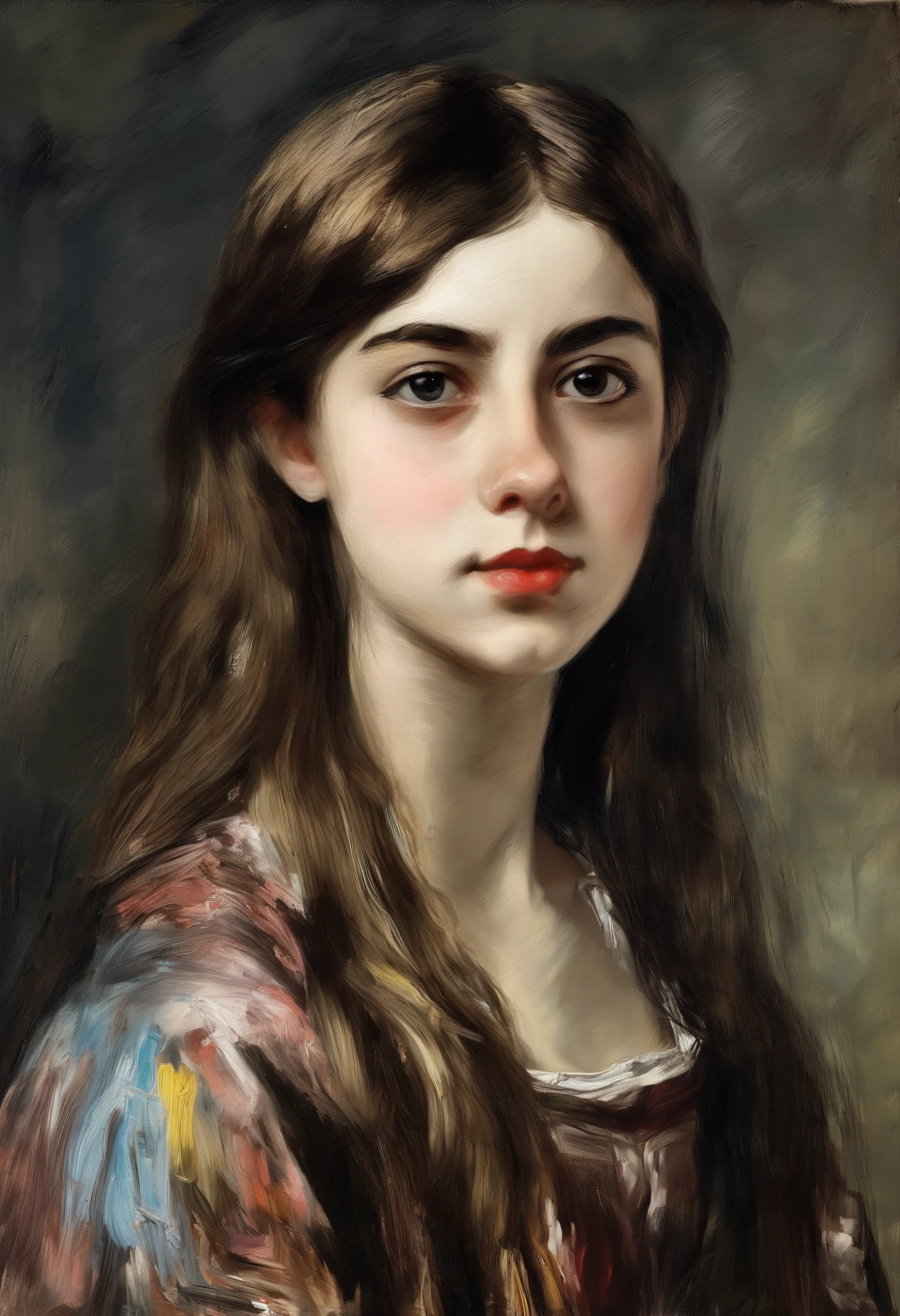[[((Dark Studio), young brown-haired girl/ creative Thomas Mann:0,7 / by John Constable:0,7 / by El Greco:0,7 [  A very colorful   ,((    oil painting with a palette knife  ))((  Masterpiece )),((  highest detail))]]