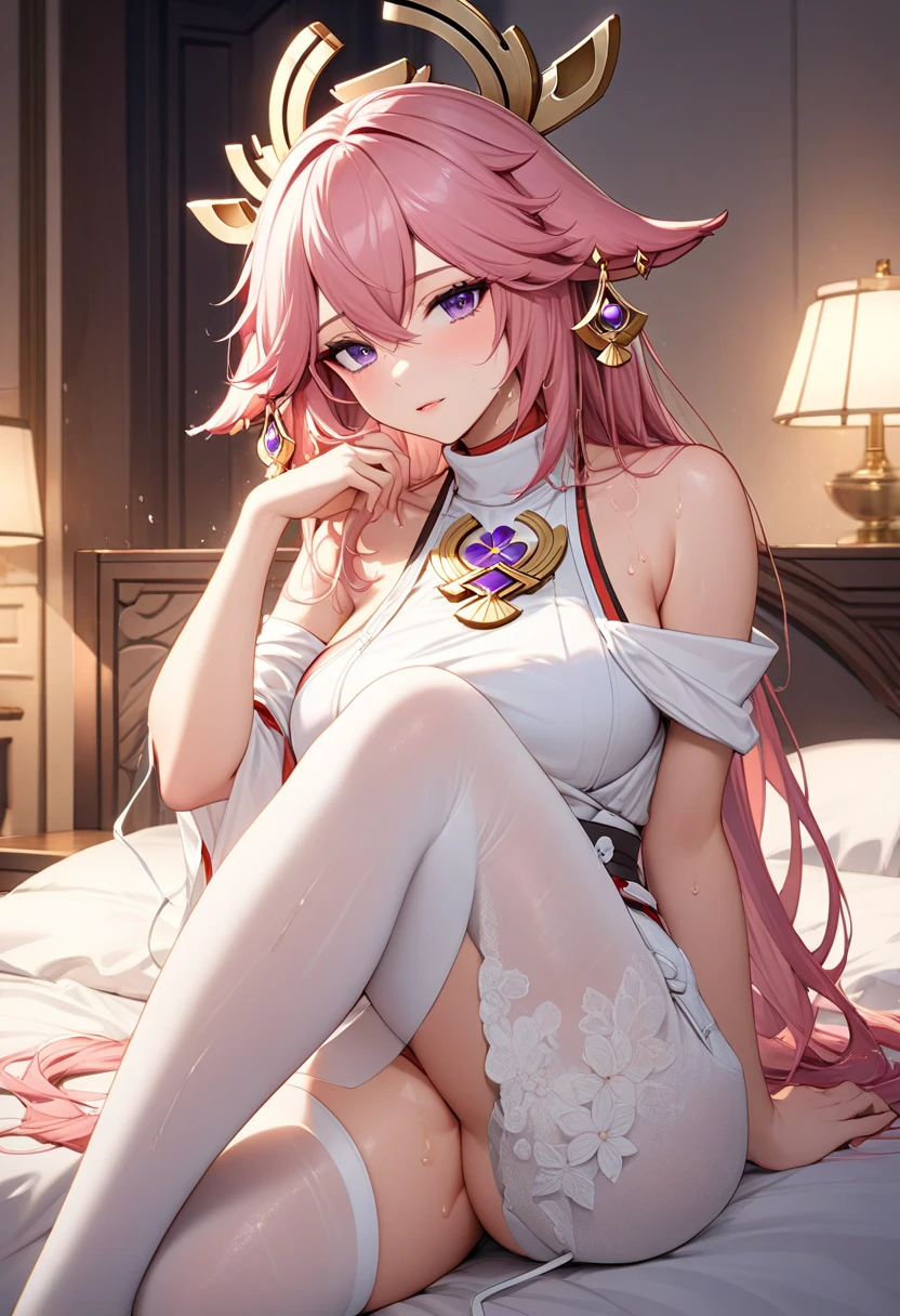 In the enchanting realm of digital art, a breathtaking masterpiece unfolds before our eyes, painstakingly crafted by Sea Art's intertwined prowess in artificial intelligence and AI painting art. The image, titled "The Enchanting Embrace of Yae Miko," presents a delightfully captivating sight. The bed in this scene is bathed in soft, warm lighting, illuminating an adorably cute and lovely young anime teen girl named Yae Miko from Genshin Impact. Naked and nude, she is elegantly kneeling on the bed, her figure exuding an innocent allure.
Yae Miko is embracing a pillow with covering herself while kneeling on the bed cute and lovely sheer lace transparent nightgown