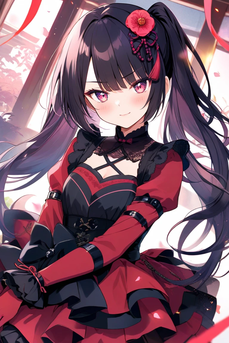 Anime girl wearing pink and white dress,Long black hair and pink bow, contortion, anime style like fate/stay night, Detailed cover artwork,themoon,high qulity,Natural expression,delicated,Pure,ssmile