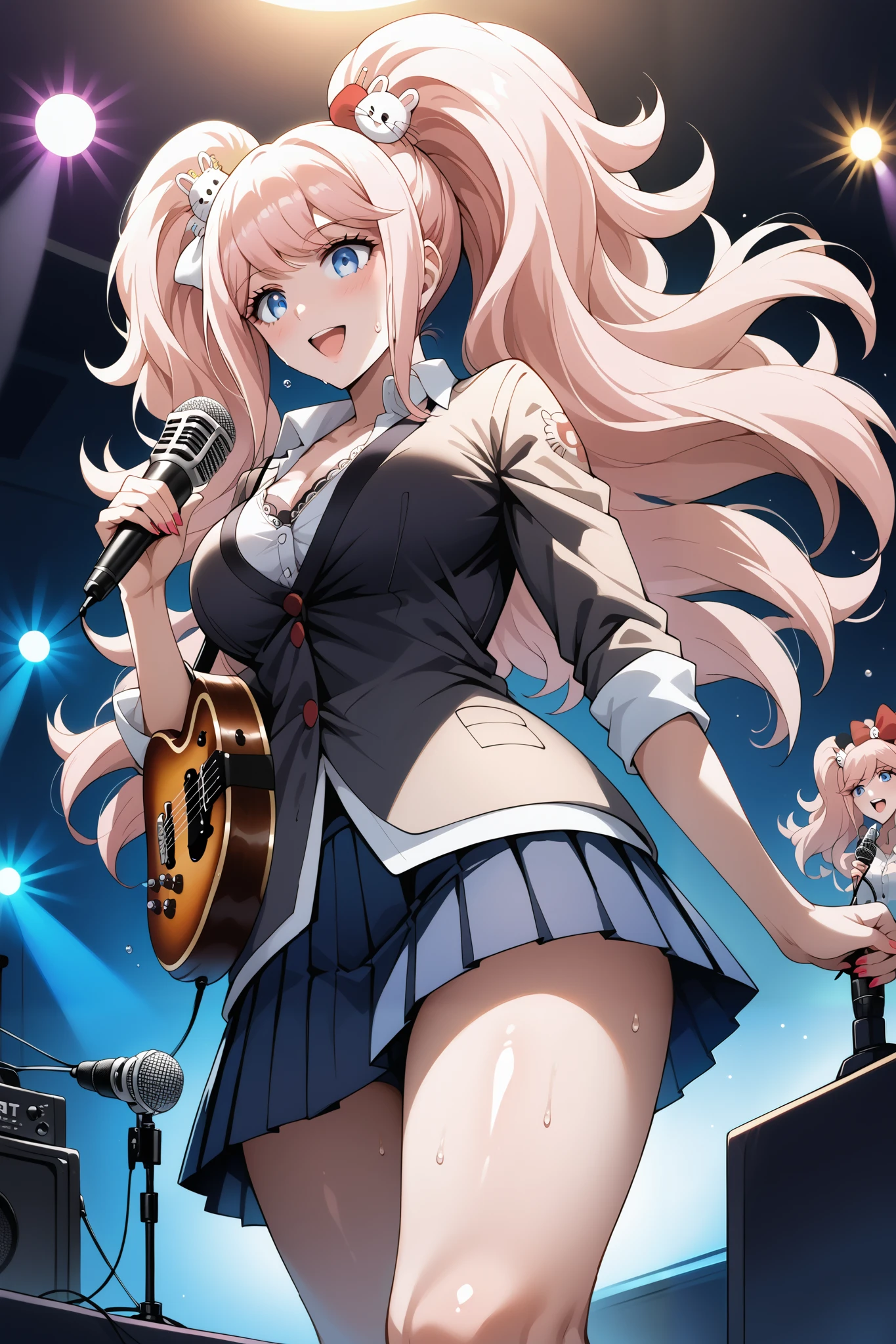 score_9, score_8_up, score_7_up, source_anime, 4K,perfect fingers,(perfect hands, perfect anatomy),prefect lighting, very aesthetic, intricate details,highly detailed background, masterpiece, high quality, best quality,
1girl, junko enoshima, long hair, bangs, blue eyes, pink hair, hair ornament, twintails, bear hair ornament, Large Breast,
wearing ((White collared shirt, blue pleated skirt, )),,
sensual women Elegant, sweat,steam, rock band, vocalist, holding a microphone, singing, guitarist, holding guitar and playing, colorful lights, on stage, angle from below,