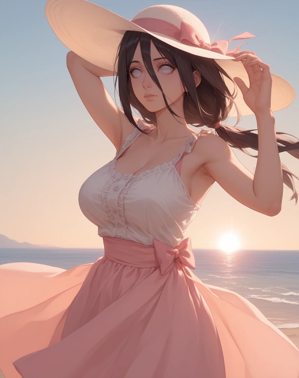 (masterpiece, best quality, ultra-detailed, 8K), (((midday))), sunshine, daytime, 1 girl, (25 yo),mature, { dark_long_ponytail_hair }, {pretty_breasts, (large_breasts) }, (pretty_face), (floral dress with embroidery), (straw hat), ((flowers)), ((field)), windy, {legs_apart}, (eyes_open),smile, (facing_viewer), dynamic poses, from behind, from below, ((ecstasys more ecstasys)),