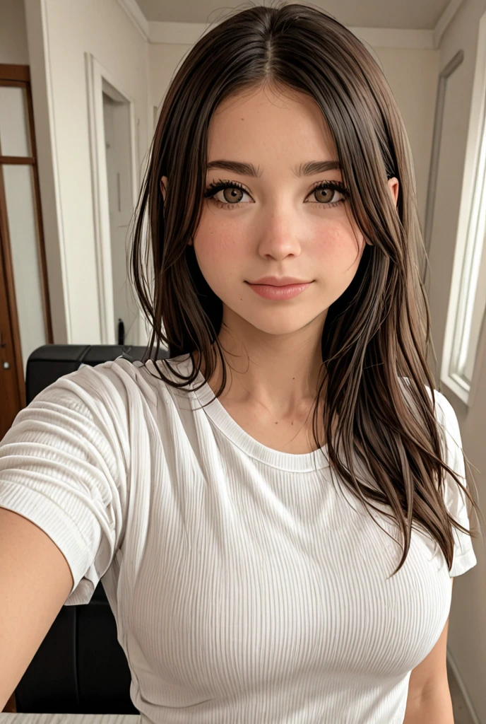 Belle fille, Marron_eyeeautiful mince adolescente de 18 ans, cheveux color [Brown highlights cheveux], [Pixie undercut] cheveux)), boucles d’oreilles, lèvres, Réaliste, taille étroite, charmant, pink lèvrestick, maquillage coloré, Cils longs, boucles d’oreilles, porter de l’eye-liner, peau claire, (mignon), (face détaillée), Yeux détaillés, Iris détaillé, nue, pantalon court, sexy, {De la tête aux pieds, montrant tout ton corps:1.7}, un sourire