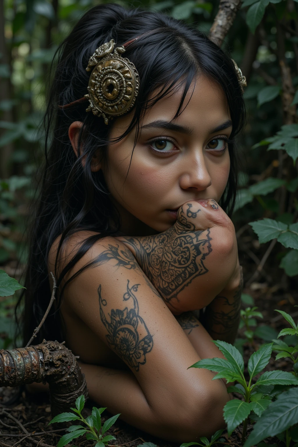 ((Meisterwerk)), ((Best quality)), ((highres)), ((Extrem detailliertes CG Unity 8k-Hintergrundbild)), little Anunaki girl, ((12 Jahre alt)), ((kindliche Figur)), beautiful face, Green eyes, Sommersprossen, beautiful lips, Neck and upper body tattooed with symbols, black hair french braids, nasenring, ((skinny body)), naked, kleine Brustwarzen, Small breasts, ((vagina mit wenig schwarzen Haaren)), liegt auf einem Altar, lies on the back and opens the legs, ((with her hands she spreads her vagina)), Schamlippen sind sichtbar, Hintergrund kirchlich, Nonnen im Hintergrund 