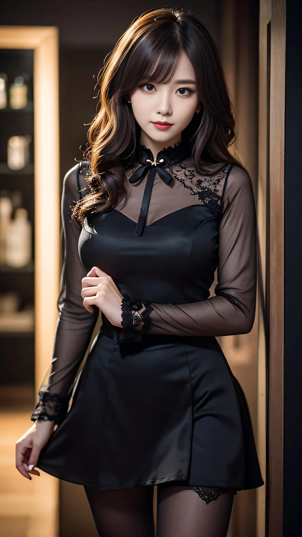 tra-detailed、Japanese、Attractive beauty、seductive adult woman、Pretty Woman、cool girl、brown hair、wavy hair、swept bangs、piercing eyes、hollow eyes、half-closed eyes、Hollow Eyes、Purple Eyeshadow、black lipstick、black lip gloss、dark makeup、smirk、Whisper in my ear、Evil expression、Long Black Cheongsam、Wide sleeves、lace fabric gloves、pantyhose、Evil cadres、Fallen into evil、brainwash、mind control、evil、Church at night、Swear allegiance、Are standing、Seductive Pose