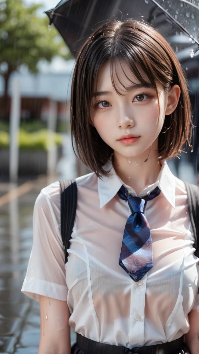violaceaess, gardeniass, rosaceaess, (Masterpiece, Best quality:1.4), Delicate girl, Beautiful short hair, Close up, school uniform, White dress shirt, short- sleeved, dark grey pleated plaid skirt, 8K, 50mm portrait, RAW photo, absurderes, breasts focus, Large breasts, Thin arms, Very thin waist, arching back, No makeup, worried, Sophisticated, facelight, clear lighting, filmgrain, color difference, (dark red necktie:1.2), (Wet shirt:1.3), street, Bokeh, (Simple background:1.2)