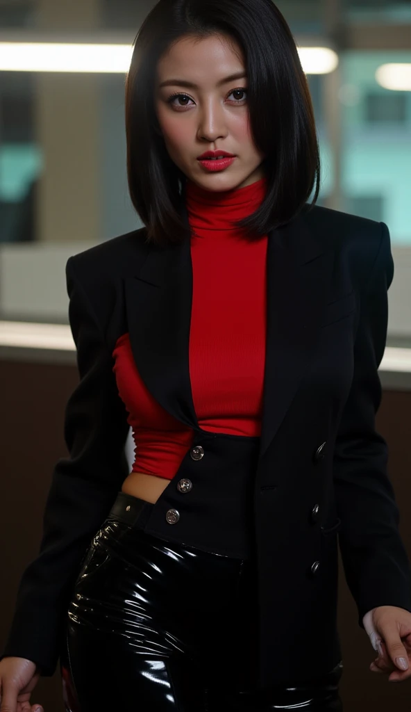 Simple vector illustration, Beautiful Indonesian girl, standing against the wall, unique, confident, Long straight hair, sunglasses, Exaggerated earrings, unique, Looking at the viewer), (Deep V black long coat: 1.37, Red skirt). Looking from bottom to top, Geometric Light and Shadow, Sense of space, White Space, (elegant expression)), ((elegant makeup)), highly detailed, realistic, sharp features, highly detailed, sharp focus, perfect face, perfect symmetry, perfect eyes, perfect lips, nice anatomy, flexible female body shape, sexy face, big breasts, open cleavage, ((cinematic, film lighting, dramatic)), highly detailed, hyperrealistic, masterpiece, atmospheric, high resolution, looking at the viewer atmospheric perspective, volumetric lighting, clear focus, (realistic, Hyperrealistic: 1.37), 16k HD, information, ((full shot)).
