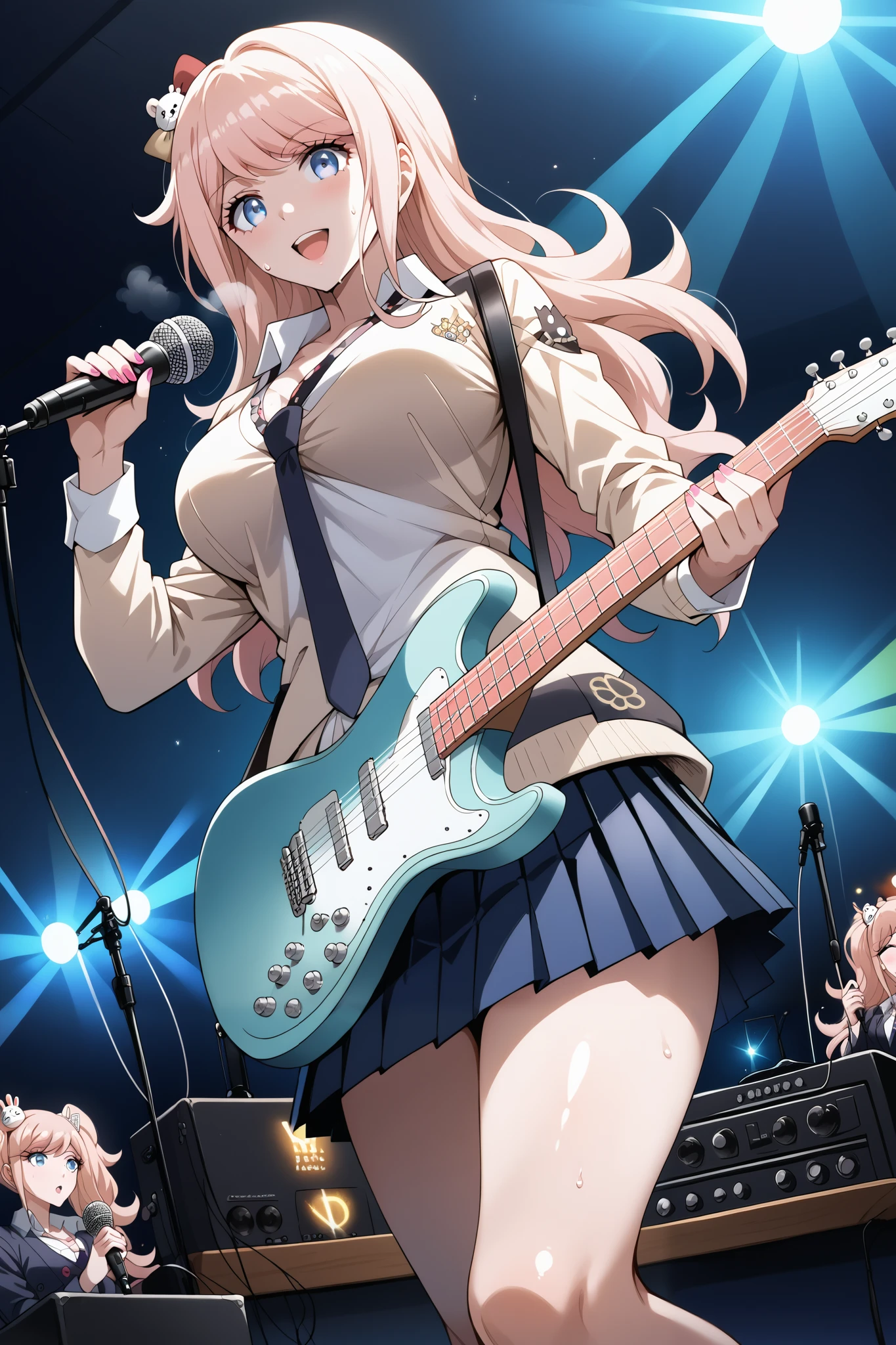 score_9, score_8_up, score_7_up, source_anime, 4K,perfect fingers,(perfect hands, perfect anatomy),prefect lighting, very aesthetic, intricate details,highly detailed background, masterpiece, high quality, best quality,
1girl, junko enoshima, long hair, bangs, blue eyes, pink hair, hair ornament, twintails, bear hair ornament, Large Breast,
wearing ((White collared shirt, blue pleated skirt, )),,
sensual women Elegant, sweat,steam, rock band, vocalist, holding a microphone, singing, guitarist, holding guitar and playing, colorful lights, on stage, angle from below,