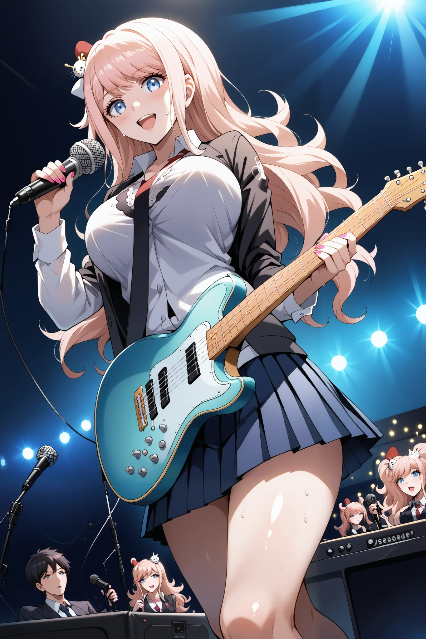 score_9, score_8_up, score_7_up, source_anime, 4K,perfect fingers,(perfect hands, perfect anatomy),prefect lighting, very aesthetic, intricate details,highly detailed background, masterpiece, high quality, best quality,
1girl, junko enoshima, long hair, bangs, blue eyes, pink hair, hair ornament, twintails, bear hair ornament, Large Breast,
wearing ((White collared shirt, blue pleated skirt, )),,
sensual women Elegant, sweat,steam, rock band, vocalist, holding a microphone, singing, guitarist, holding guitar and playing, colorful lights, on stage, angle from below,