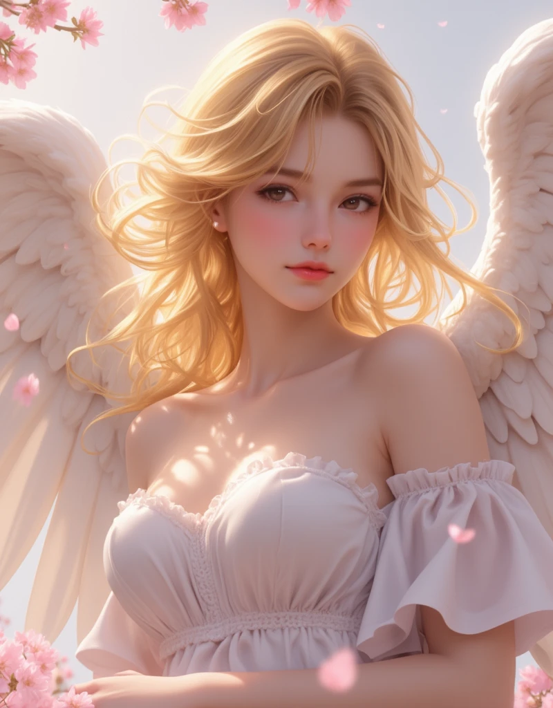 (Highest quality)), ((masterpiece)), (detailed), Angel Woman、Slim body、Very large breasts、Red Eyes、Blonde Hair、Two white feathers grow from the shoulder blades on its back.、Flying very fast through the air、happy、Completely naked、 ((front))、Sheer silk dress、The background is the air、sea of clouds、god々Cool atmosphere、Light Effects