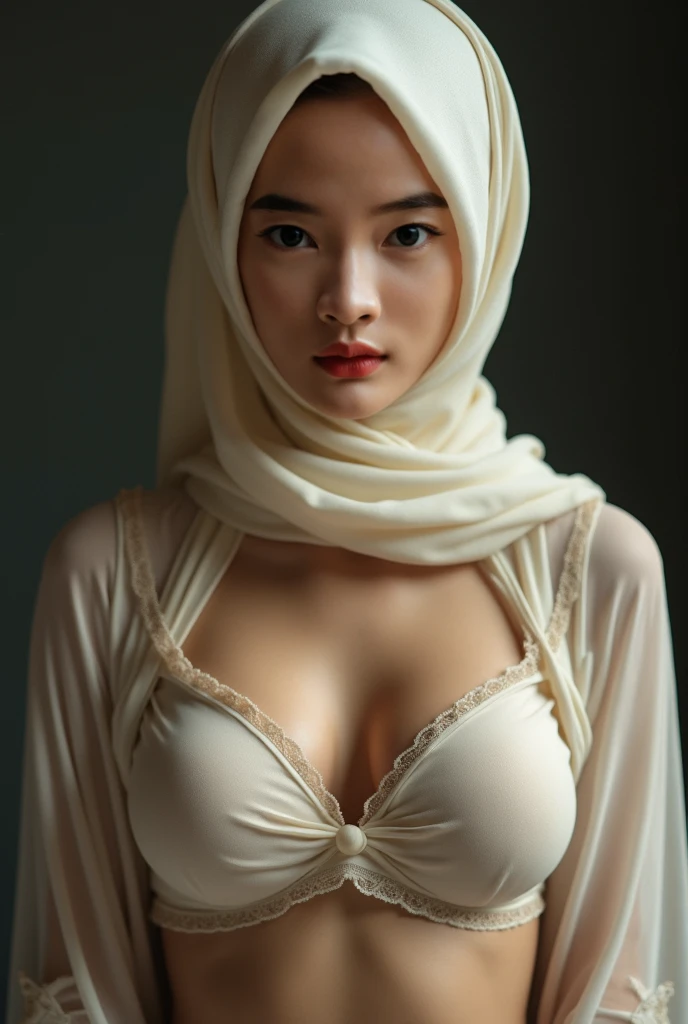 Best quality, masterpiece, ultra high res, (photorealistic:1.4), raw photo, 1 malay girl, shawl style hijab, tall, beautiful body shape, slim abs, small waist, slim, bright hazel  eyes, detailed eyes and face, classy stylish womens white suits, dynamic lighting, in the dark, deep shadow, low key, cowboy shot full-lenght body, bright eyes, cinematic lighting, wes enderson style cinematic photography,