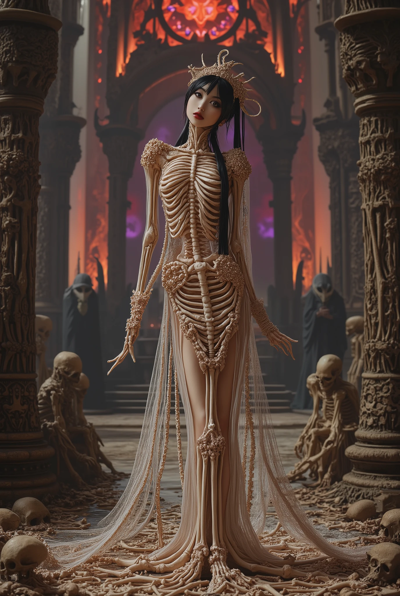 "A skinny Chinese woman, 18 years old, with an extremely thin body and fragile and delicate appearance. She has a very small bust , with a thin waist and thin legs with a visible space between the thighs. Your hair is long and black, with fringes and an extremely long ponytail, pulled back in an elegant way. She is wearing a bold and sexy wedding dress, completely transparent, made of lightweight fabric fluid that reveals her curves, with intricate details in human and animal bones. The dress has a bodice of intertwined bones that covers the bust, while the rest of the transparent fabric flows smoothly to the floor, with bone applications forming patterns along the skirt. She also wears a finely crafted bone tiara, who complements the look. The facial expression is that of a dark and confident bride, with a malicious smile and eyes outlined in strong black, highlighting their aura of mystery and power. The setting is an impressive cathedral made entirely of human and animal bones, with tall columns formed by piles of skulls, arches decorated with vertebrae and stained glass that filter a dark and colorful light. The floor is covered by a carpet of bones, and the altar in the background is adorned with black candles and more intertwined bones. The protagonist is at the center of the cathedral, standing at the top of a staircase of bones, with the dress transparent, fluttering slightly due to a cold breeze that crosses the place. The lighting is dramatic , with shades of red , purple and black, creating a gothic and epic atmosphere. around it, silent figures dressed in dark costumes observe the scene, as guests at a macabre wedding."
