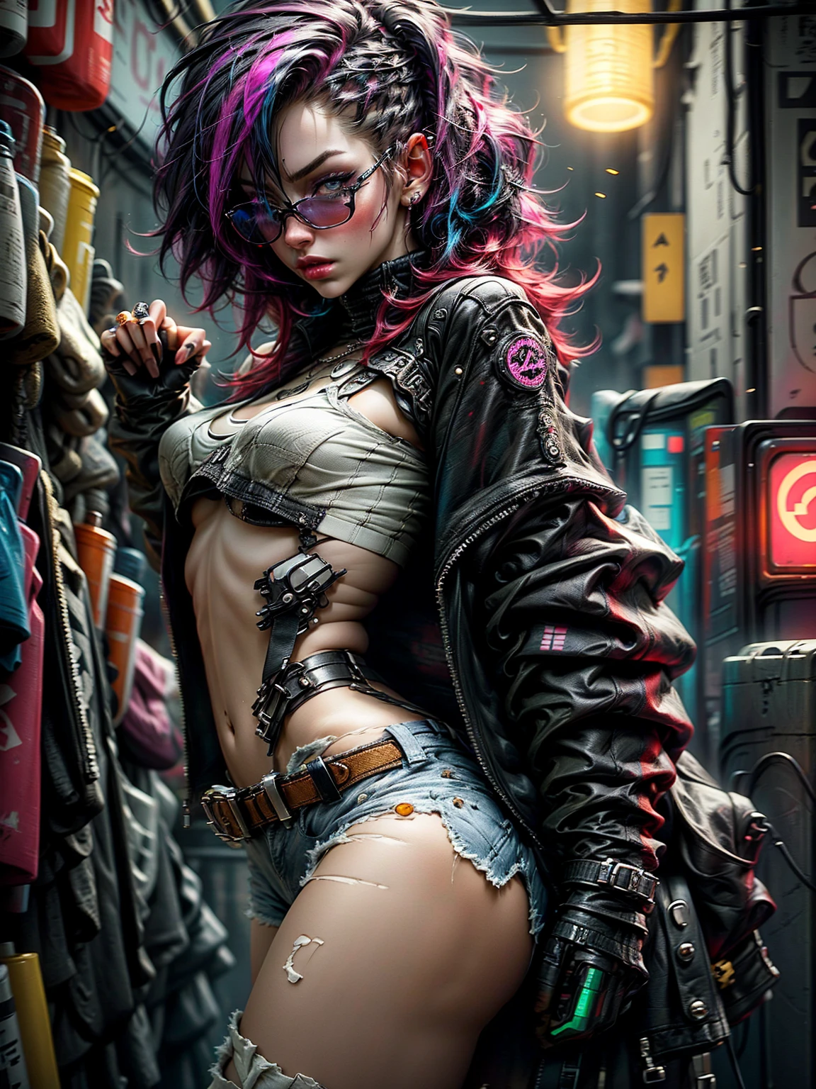 2D Style, (anime, 2D Comics,figure),(wide hips, big breasts, Perfect slender girl's body)
,Perfectly shiny skin ,25 year old mature girl,shiny_and_shiny_skin
,
(((
gothガール,((Alessio Albi's style)),desire,Wind,1 girl,Multiple gradient color hair,head tilt,(smoke and fog:1.1),,(gothic and punk mixed style:1.2),(Studsbelt:1.1),,(tattoo),(emo style:1.1),sexy,black boots,alternative fashion,,high gloss skin, (goth style make up), ((thighhigh metalic boots:1.4)),
Gotham city, night, Rainy,
((leather mini skirt, Leather high-leg retard, leather jacket,bondage, goth)), bondage_clothing, High leg leather boots,dark theme, cityscape,,
,thigh_straddle, , black lips, (eonn),(underboob_tattoo), ,A goth punk girl in a rugged, Industrial environment, wearing a studded leather jacket and tulle skirt, with dramatic makeup and punk hair, Posing confidently amongst decaying machinery, captured with natural lighting and a balance of light and shadow. ))),
(wide angle)
,