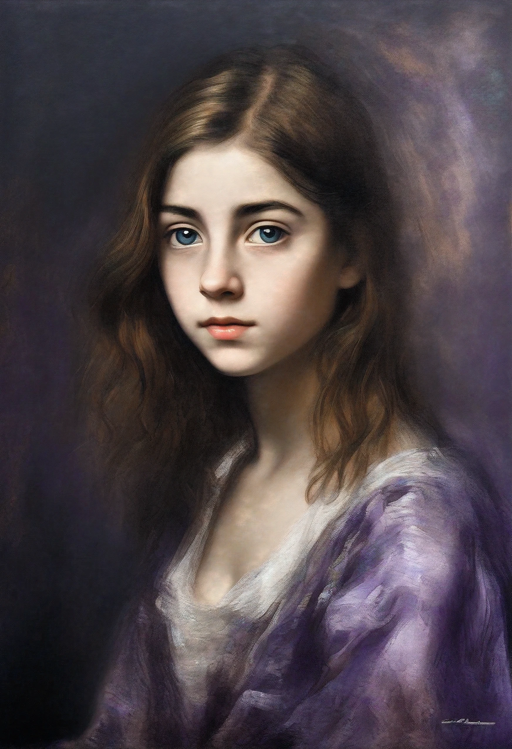 [[((Dark Studio), young brown-haired girl/ Gainsborough creative:0,7 / William Turner:0,7 / by El Greco:0,9 [ Sienna:0.33 / Lavender:0,2 / henna:0,33 / take:0,2,  A very colorful   ,((    oil painting with a palette knife  ))((  Masterpiece )),((  highest detail))]]