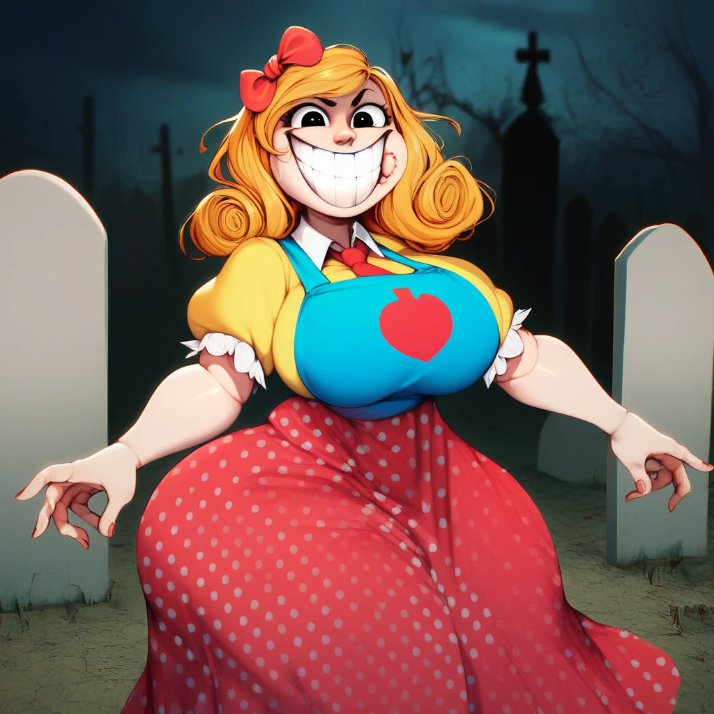 A tall girl with big breasts, beautiful, long yellow hair, gray eyes, pink lips, wears a white button-down shirt tied with a knot, showing her chest, showing her belly button, and a long purple skirt 