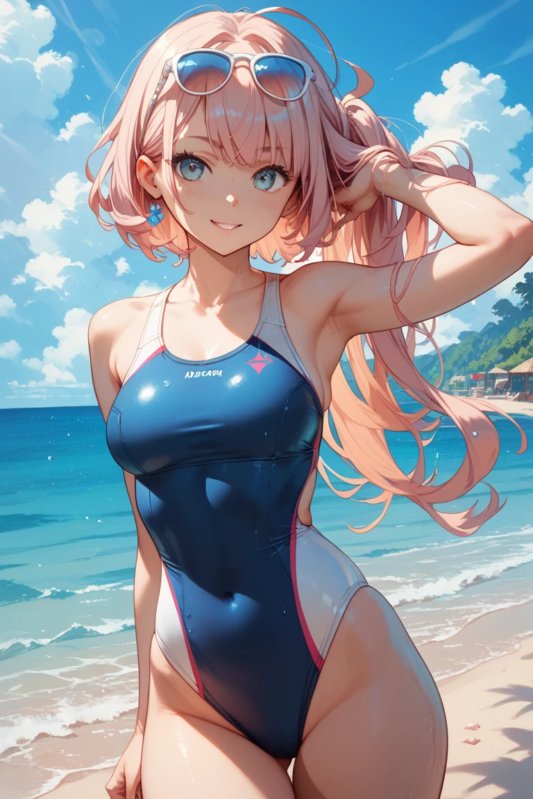 anime girl in blue swimsuit with ponytails and blue eyes, is wearing a swimsuit, swimsuit, wet swimsuit, Swimwear, Cute girl in clothes, Pink ponytail hair and cyan eyes, Attractive anime girl, Smooth anime CG art, PIXIV 3dcg, top rated on PIXIV, Realistic anime girl rendering, Bubble Gum Body, PIXIV.8K ,Delicate eyes.