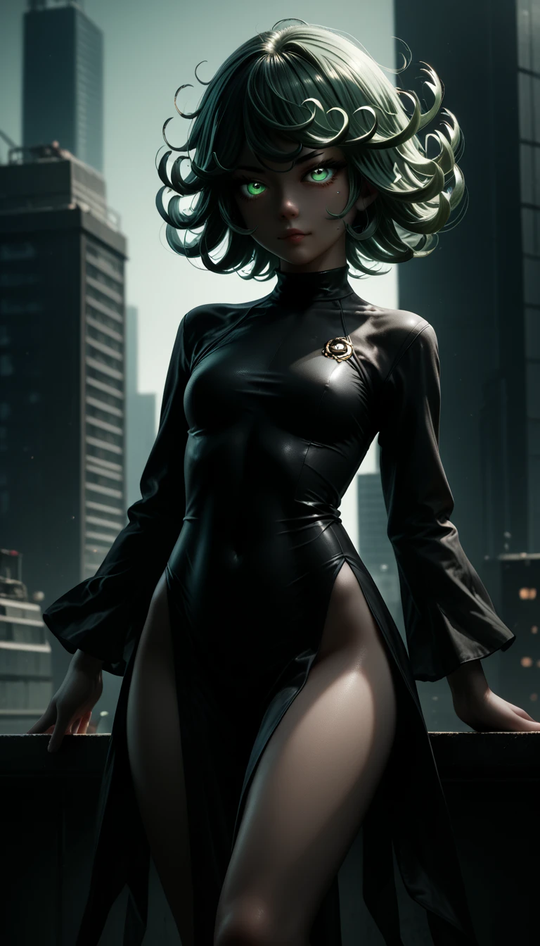 1girl, alone, Tatsumaki One Punch Man floating over a city, Anime girl, short hair, green hair, green eyes, Tatsumaki black outfit, Tatsumaki (One Punch Man) Clothing style, Black clothing, Black dress, long sleeve, pelvic curtain, Detailed clothes, masterpiece, symmetrical, serious face, very small breasts, small breasts, medium thigh medium waist, wide hips, 1 girl, bright green eyes, City Background, Sky Background, View from above, Bokeh, 4K Masterpiece, HDR , Anime art style, One Punch Man art style, sharp colors, vivid colors, green particles, iom