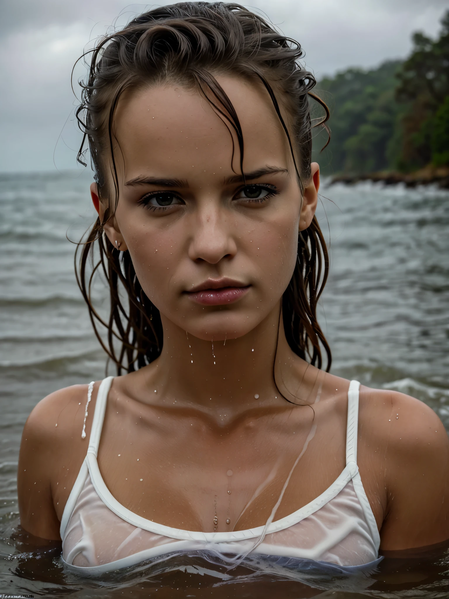 a stylish woman in wet clothes,soaked,extremely detailed face,beautiful woman,elegant,mysterious,dramatic lighting,chiaroscuro lighting,cinematic,stormy weather,rain,water droplets,gloomy,dramatic pose,high fashion,wet hair,rich color palette,digital art,concept art,photorealistic,8k,highres,masterpiece, renatadaninsky