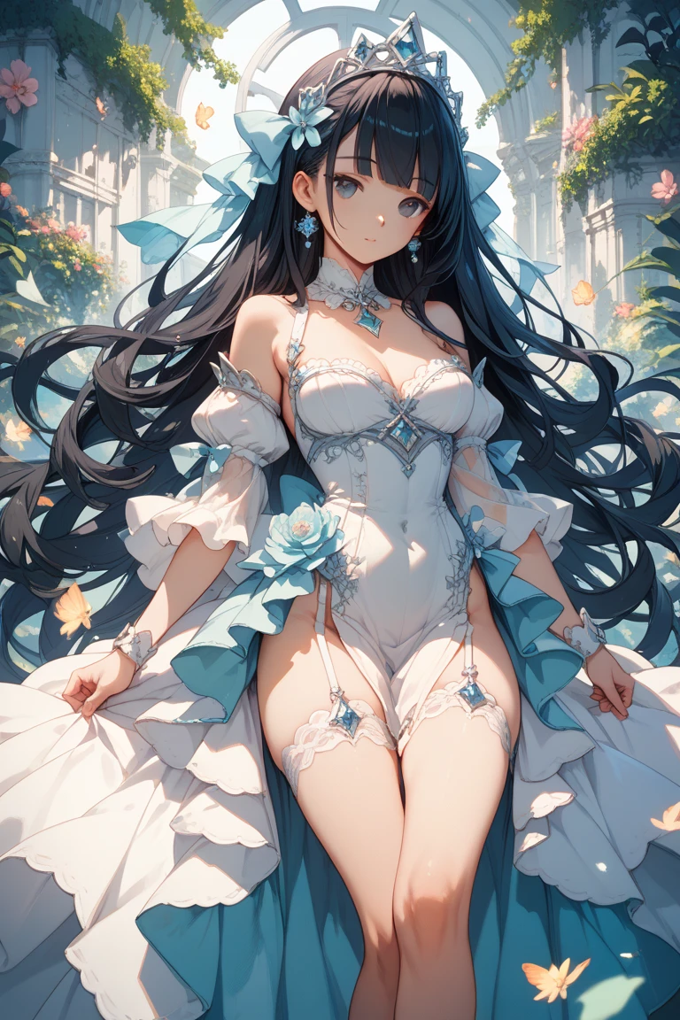 high resolution, 8k resolution, high quality, // masterpiece, beautiful CG, depth of field, a girl, black hair, smile, double ball head, broken hair, beautiful delicate eyes, long eyelashes, delicate hair accessories, white lolita outfit, white stockings, white high heels, falling blue rose petals, starry sky, rich graphics, saturated details, floating feathers, broken glass, perfect proportions, glowing butterfly, ultra hd, masterpiece, anatomically correct, 1080P, HD, 4K