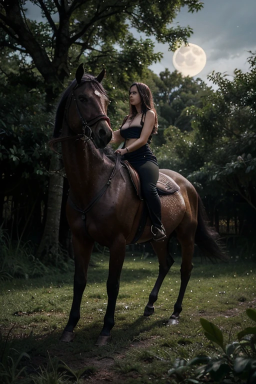 Uma mulher Montada no cavalo dourado O cavalo dourado, uma criatura majestosa com uma crina que parece feita de raios de sol, moves with unparalleled grace. Suas asas, golden like the sunset, batem suavemente, criando uma brisa celestial que envolve a mulher e sua montaria em uma aura de encanto.