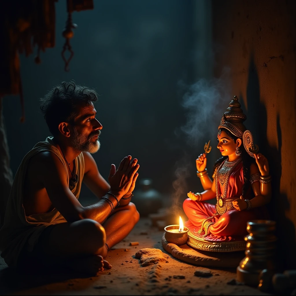 Scene inside a Hindu temple, an old man lights a lamp and bows before the idol of a god.
