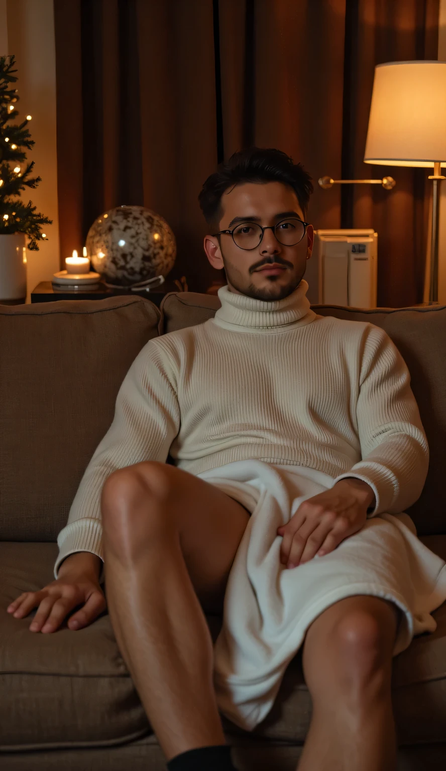 A very educated and handsome man wearing only a turtle neck sweater, in christmas, sitting on a couch, he is wearing a round frameless eye glass, he is not wearing a pant, there is only a towel on his lap, but we can still see his naked thighs, his crotch is covered with the towel. Winter season , cinematic, lighting, award winning photo, this should look like an cover page of a magazine