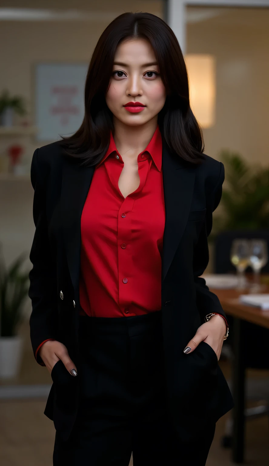 a se in the translucent red silk gown, full body,black long straight hair,wear blazer ,brest expose, , half neked, tied tight,mermaid tight long gown, flowy dramatic long gown, double long satin train ( 4 meter long ),in office room, wear high heels, having trouble with her gown, masterpice, 4k resolution, ultra-realistic, highly detail.