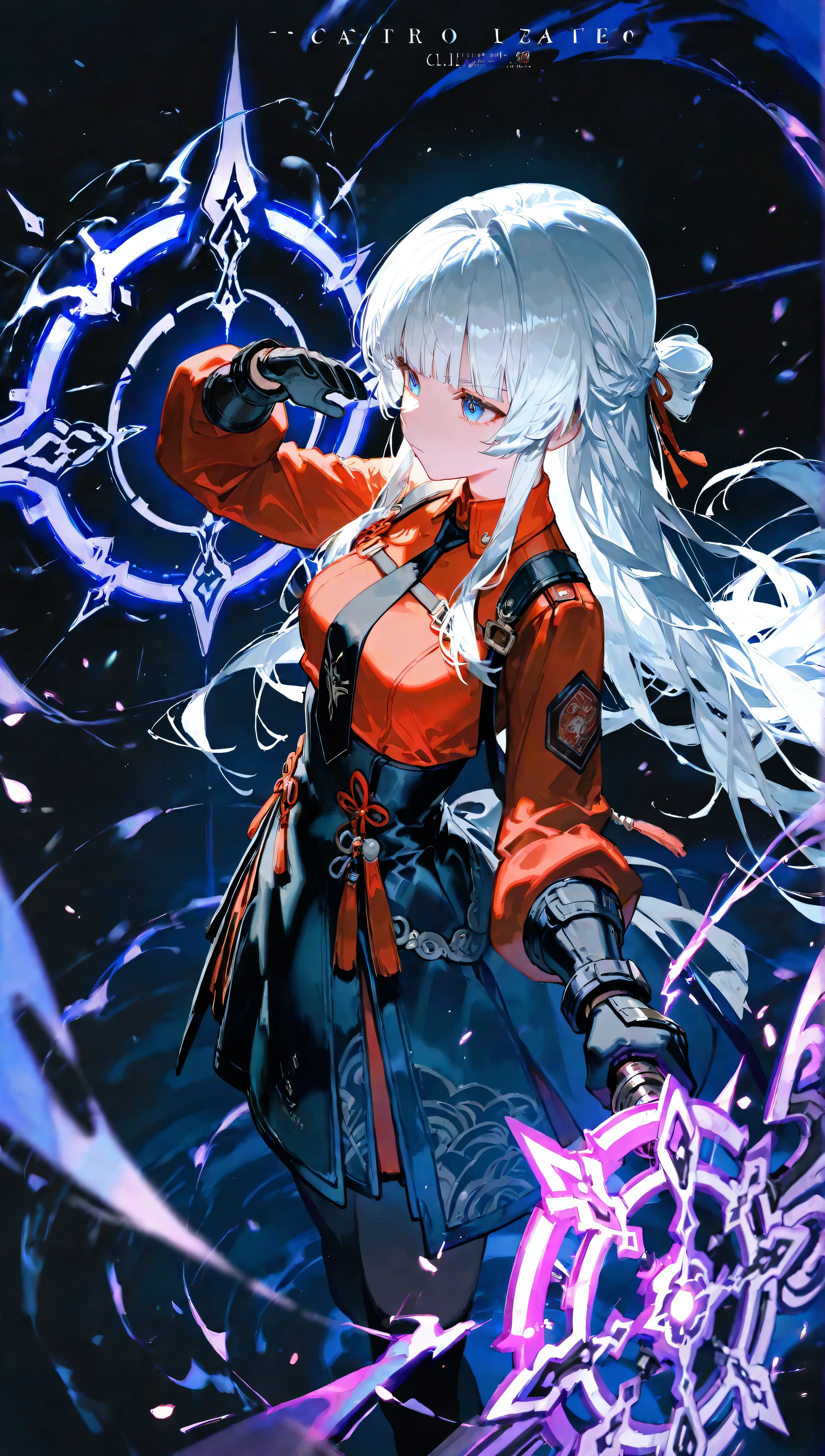 1girl, carlotta, wuthering waves, (ciloranko:0.9), lack, from above, from side, foreshortening, black gloves, white hair, black necktie, black skirt, blunt bangs, closed mouth, red waist high dress,high-waist skirt, holding 2 guns, glowing barrier,purple energy, long hair, blue eyes, serious, sidelocks, solo, red cropped teashirt, blue theme, black background, depth of field, cinematic, masterpiece, best quality, good quality, newest, highres, absurdres