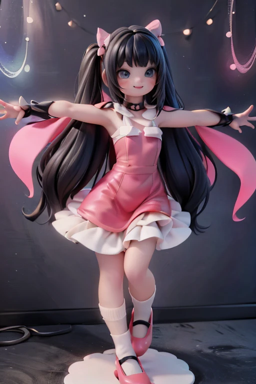 masterpiece, best quality, ultra detailed, a girl, huge breasts,topless,a room,maid, delightful, smiling, dancing, looking up, twintail, blunt bangs, flipped hair, black hair, at night, UwU, chibi, 3D render, full body shot, front view, from below, golden ratio, underlighting, in focus with blurred background, Vivid_Pink