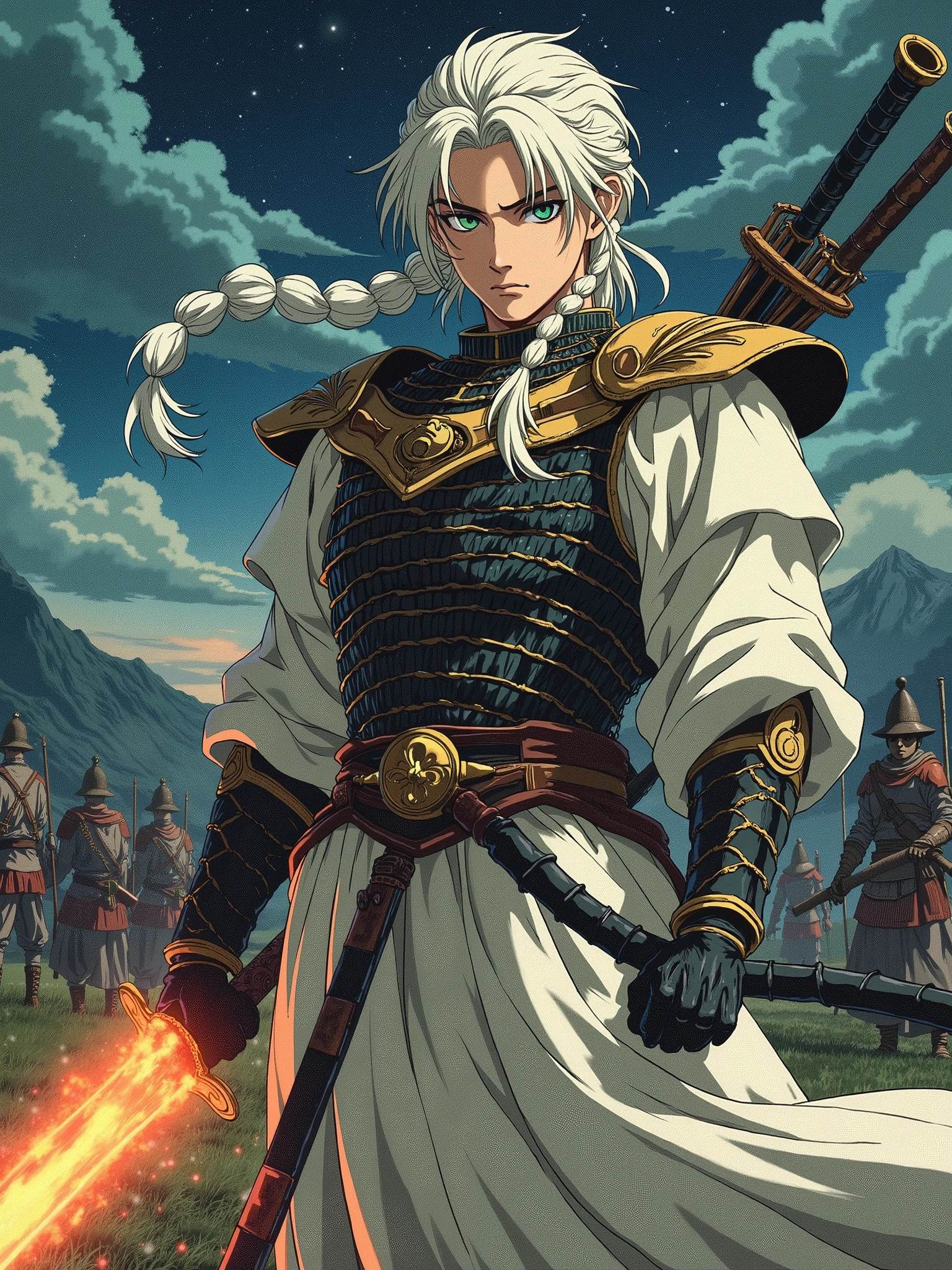 Fate/ SoulCalibur anime retro style. A fierce and determined young monglian/samurai/ranger in his late 18's, with green eyes, platinum white hair fashioned into long hair braids and braided ponytail. stands tall in his white traditional tiger striped Mongolian-samurai styled samurai black and bronze scalemail armor. White-beige kimono faded. Fiery Katana and saber on his sword belt. black bow and arrows on his back. Plains, fields, mystic night, ocean samurai ship and soldiers High Resolution, Accurate, Masterpiece, Best Quality, HD, Cinematic, Illustration, Anime, Anime Style, Motion Lines,