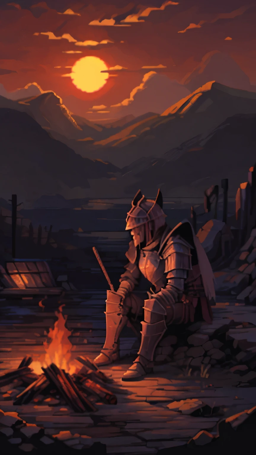 Warrior in armor sitting around a fire watching the sun go down