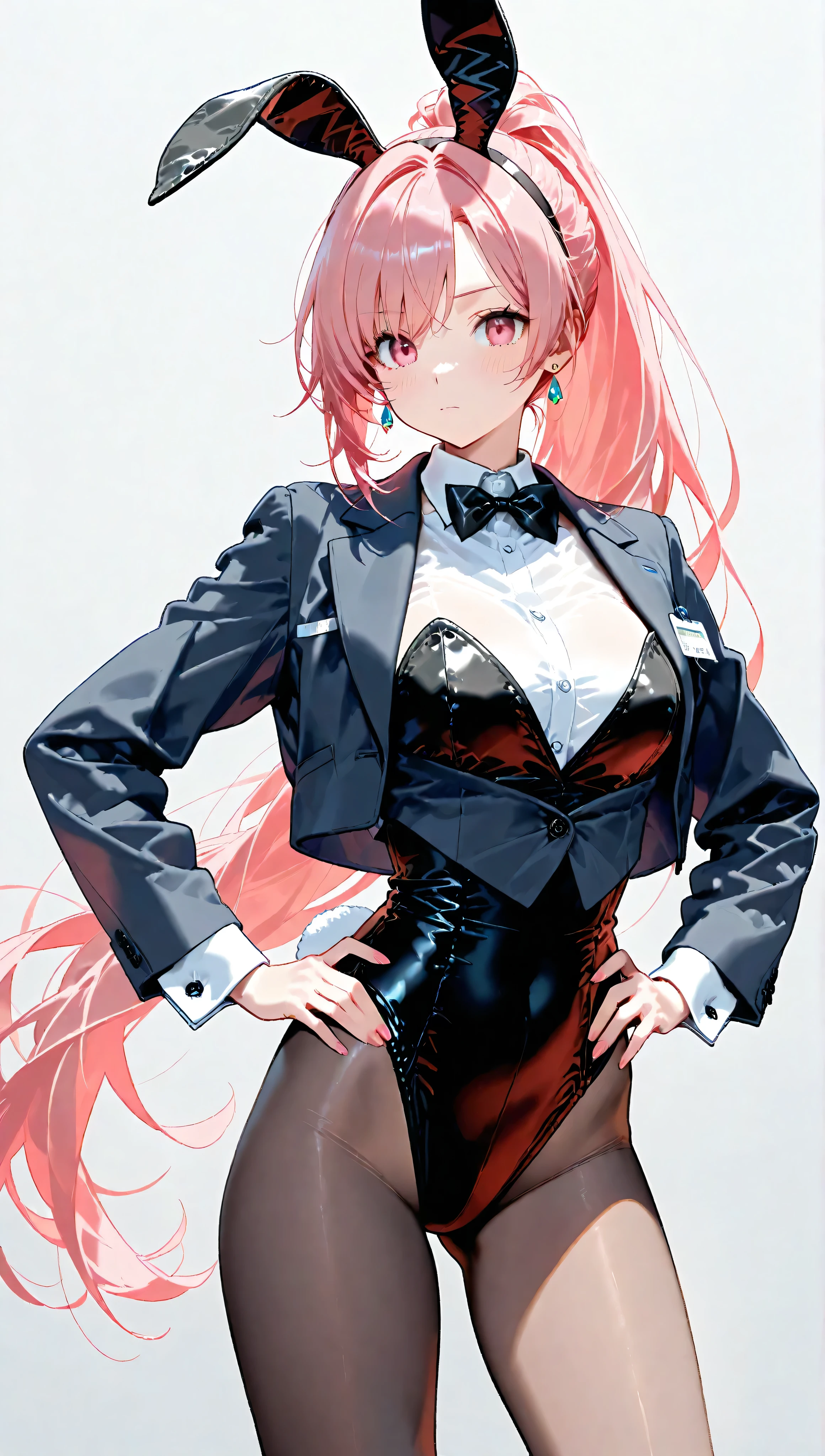 a lady in cosmetically altered business attire posing with Hands on hips, Alone, Animal ears, Hands on hips, Long Hair, Bunny ears, One girl, Pink Hair, fake Animal ears, Earrings, cropped jacket, jewelry, very Long Hair, Pink Eyes, bow, Playboy Bunny, bowtie, jacket, ponytail