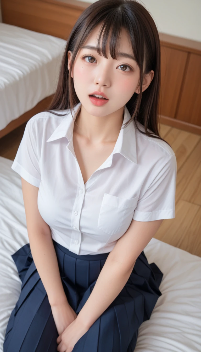 Highest quality、Realistically、Glowing Skin、Japanese women、Early 20s、Gravure idol、Her Room、Spread your legs wide、Sweets-themed uniform、shirt、Uniform skirt、underwear、Good body、Tempting、