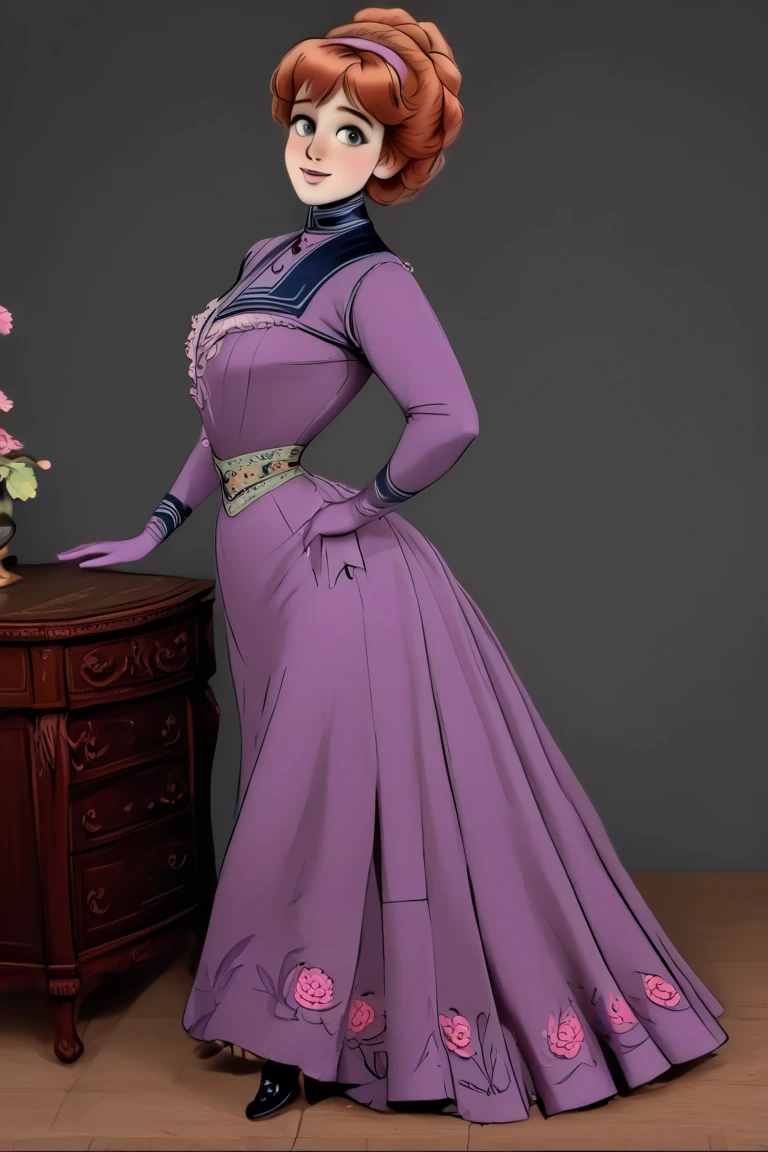 Starfire (Teen Titans Go) as a slutty  teenage redhead Gibson Girl. Year 1904. Purple 1900_dr3ss and hat. Big green eyes. Thotty demeanor. Hourglass figure. Having an orgasm (((Ecstatic)))