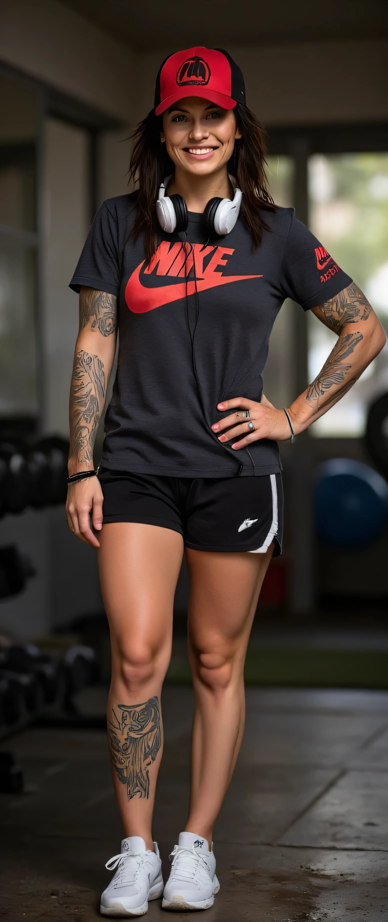 (38 year old athletic big biceps muscle Girl at the gym) working out posing for camera full body length photography, (she is wearing a Nike T-shirt with large Nike logo, 44-D cup), wearing a red and black baseball cap, wearing shorts, tattoos on her arms, headphones around her neck, fresh out of gym after a sweaty wet workout, detailed sweaty and wet face and body, her breasts are very sweaty and wet, fully natural looking texture and skin type, sweet cute smile, sweaty body, (She is wearing white frame spectacles). Make sure to ensure zero errors in rendering, full body length photograph including her Jordan Retro 6 white shoes standing in a natural pose style front side tilted angle