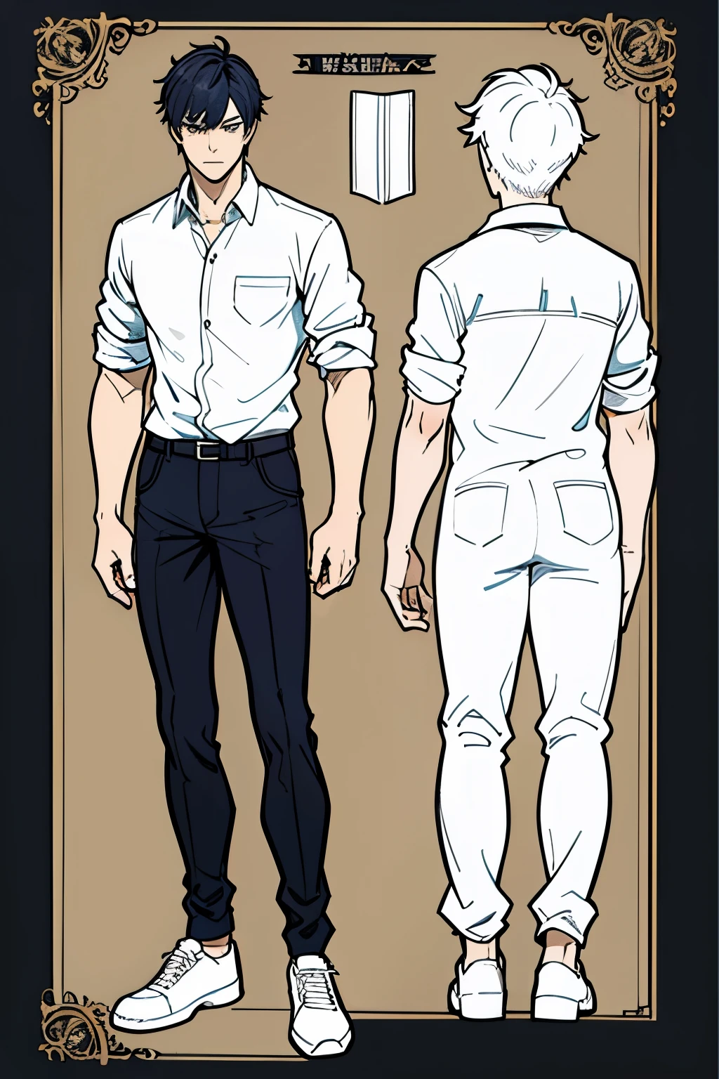 Go Eunhyuk from the Webtoon called Operation True Love, concept art, character concept, handsome main character, white shirt, black pants, white shoes, ((school uniform)) full body, character sheet, detailed hands, correct anatomy, lateral view, front view, only
