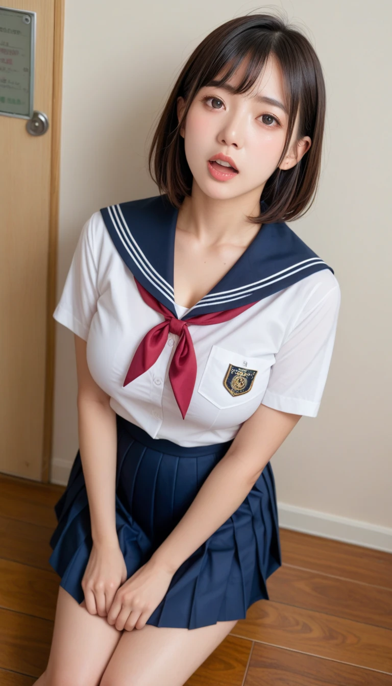 ((Breast enlargement)), (masterpiece, Highest quality:1.2), 8K, Young and beautiful girl, 85mm,Official AR RAW Photos, (Baby Face), ((Small face)), (((Super big breasts))),  Detailed nipples, Show me your ears、photo shoot, Cute face, Thighs, Classroom after school, Look away, Embarrassing、smile、 makeup, Film Grain, chromatic aberration, Sharp focus, Face Light, Bright lighting, 10 generations, Detailed face, Background blur、((((((14 year old high school girl))))))、Narrow waist, ((Sailor suit, Navy Pleated Skirt)), (White tiny panties), ((Sit with your legs apart)), ((Show me your hips))